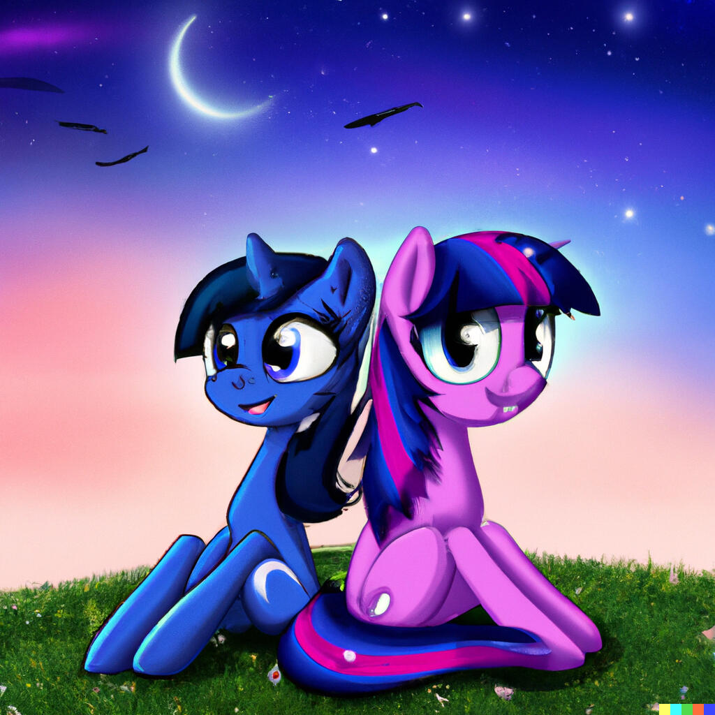 twilight sparkle and mordecai as a pony oc sitting together under the night sky listening to airplanes by b o b